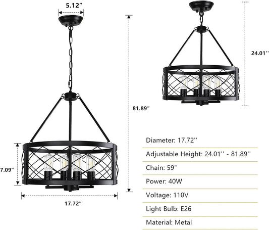 Black Industrial Chandelier Four Light Drum Fixture