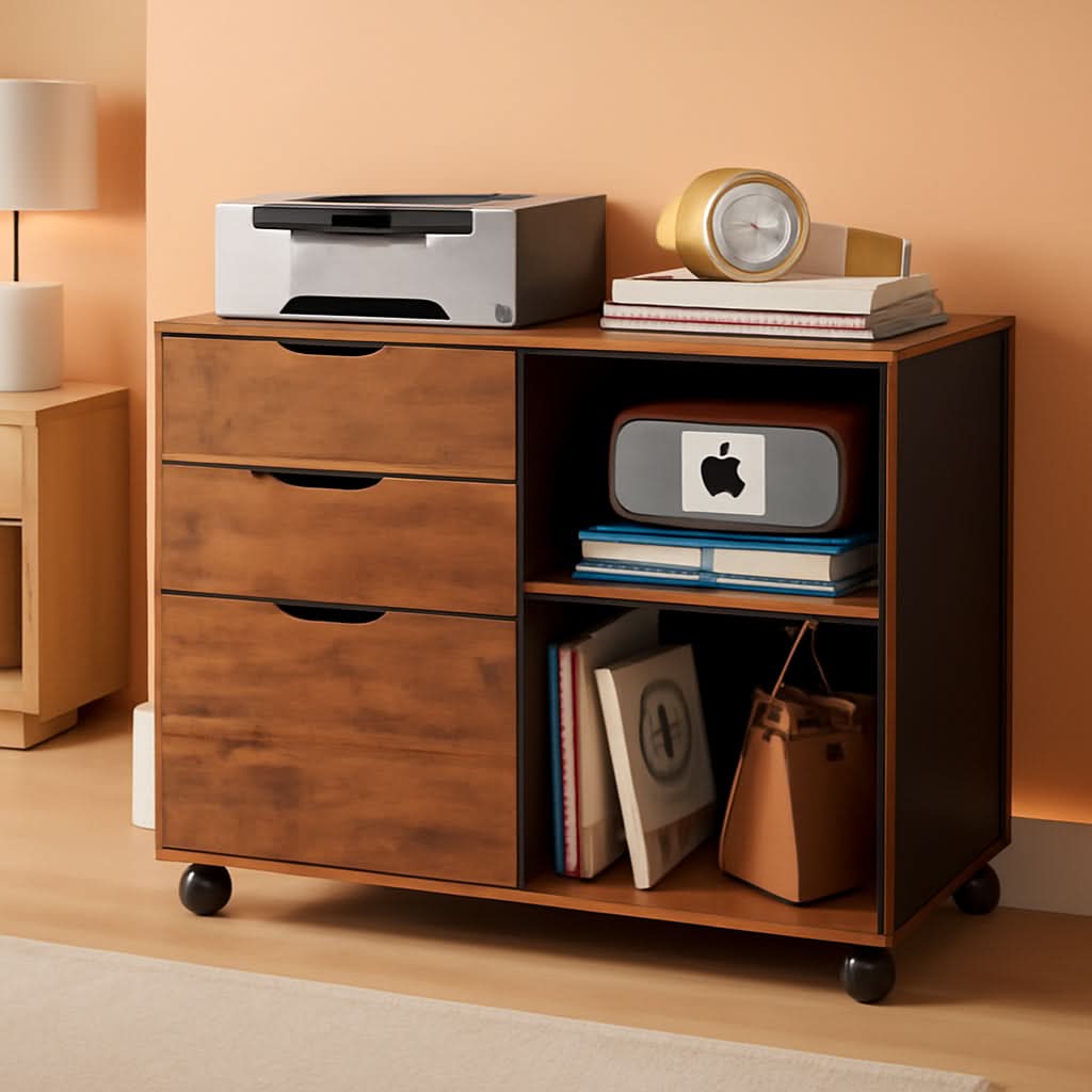Mobile 3 Drawer Wood File Cabinet With Open Storage Shelves Rustic Brown