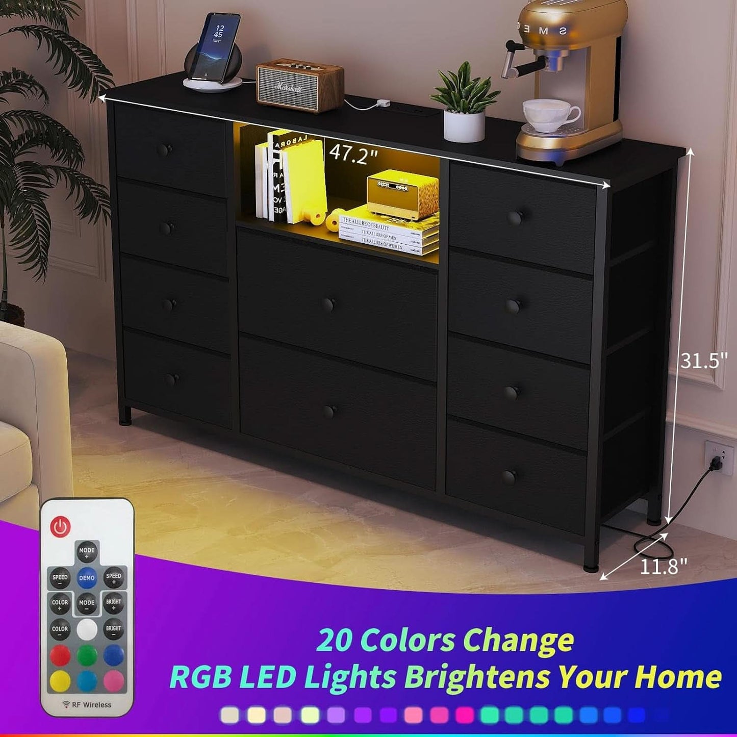 Black Dresser With Charging Station And LED Lights