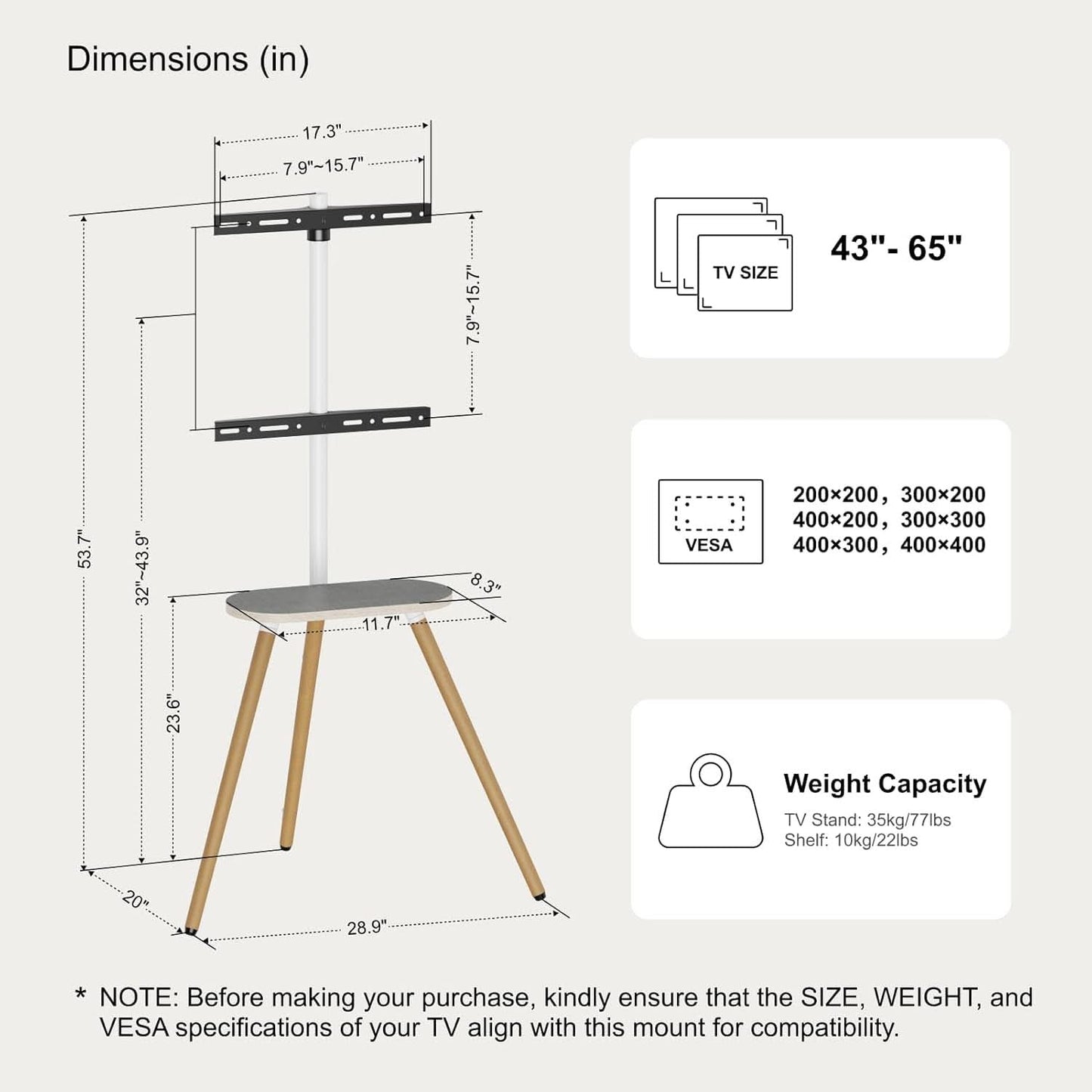 Tripod TV Stand 40-65 Inch White Swivel Wooden Tray