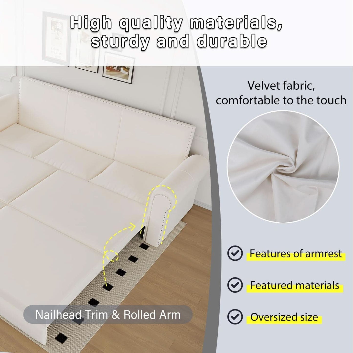 King Size Multifunctional Sleeper Sofa Beige Velvet