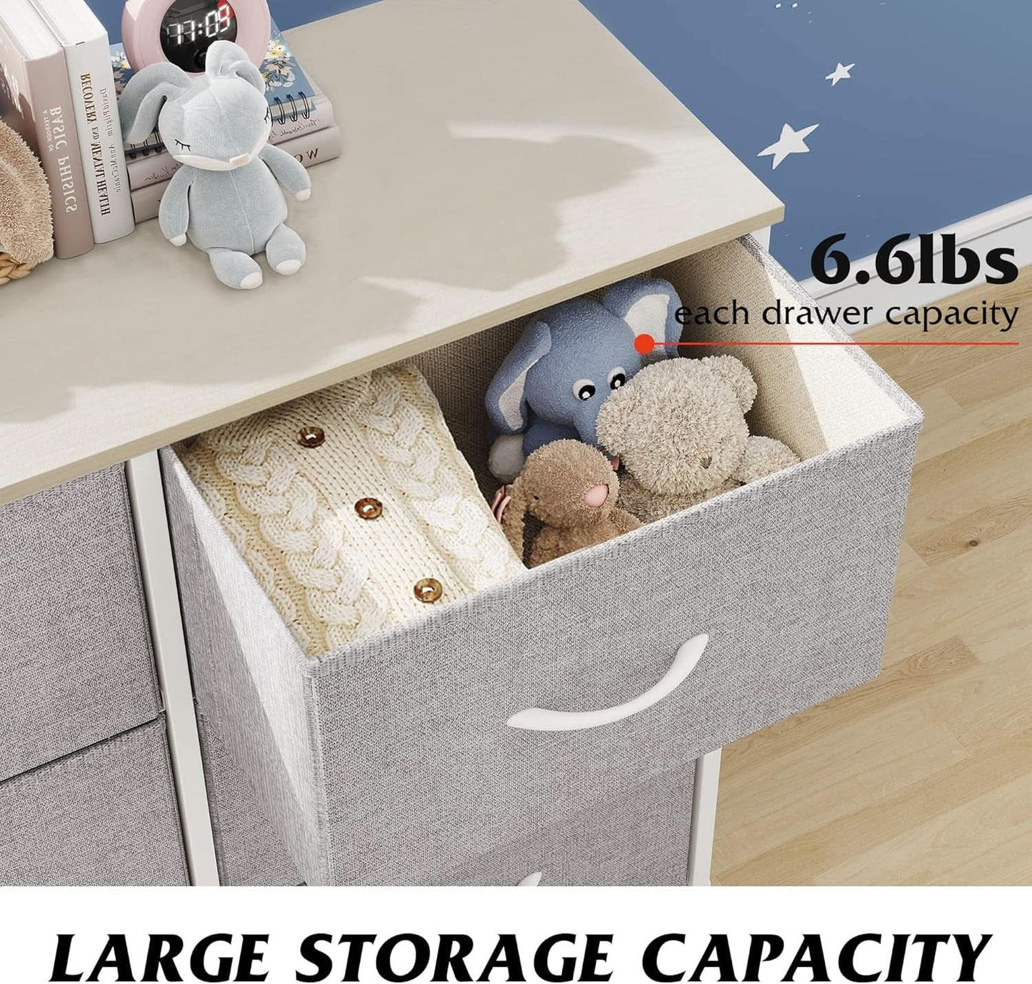 Light Grey Fabric Dresser With 6 Drawers And Fabric Bins