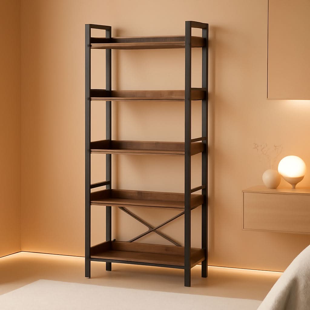Adjustable Six Tier Industrial Wood Black Metal Bookcase