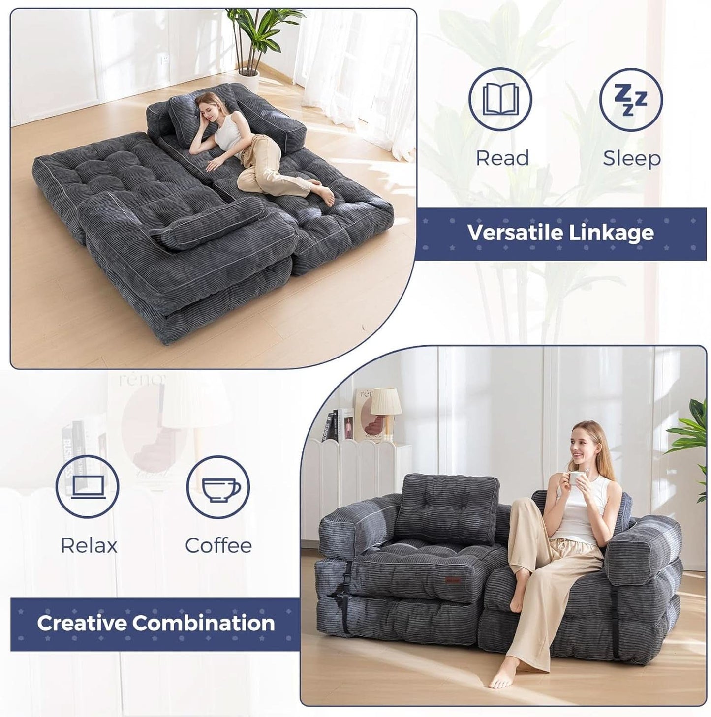 L Shaped Folding Sofa Bed Grey Convertible Sleeper Sofa