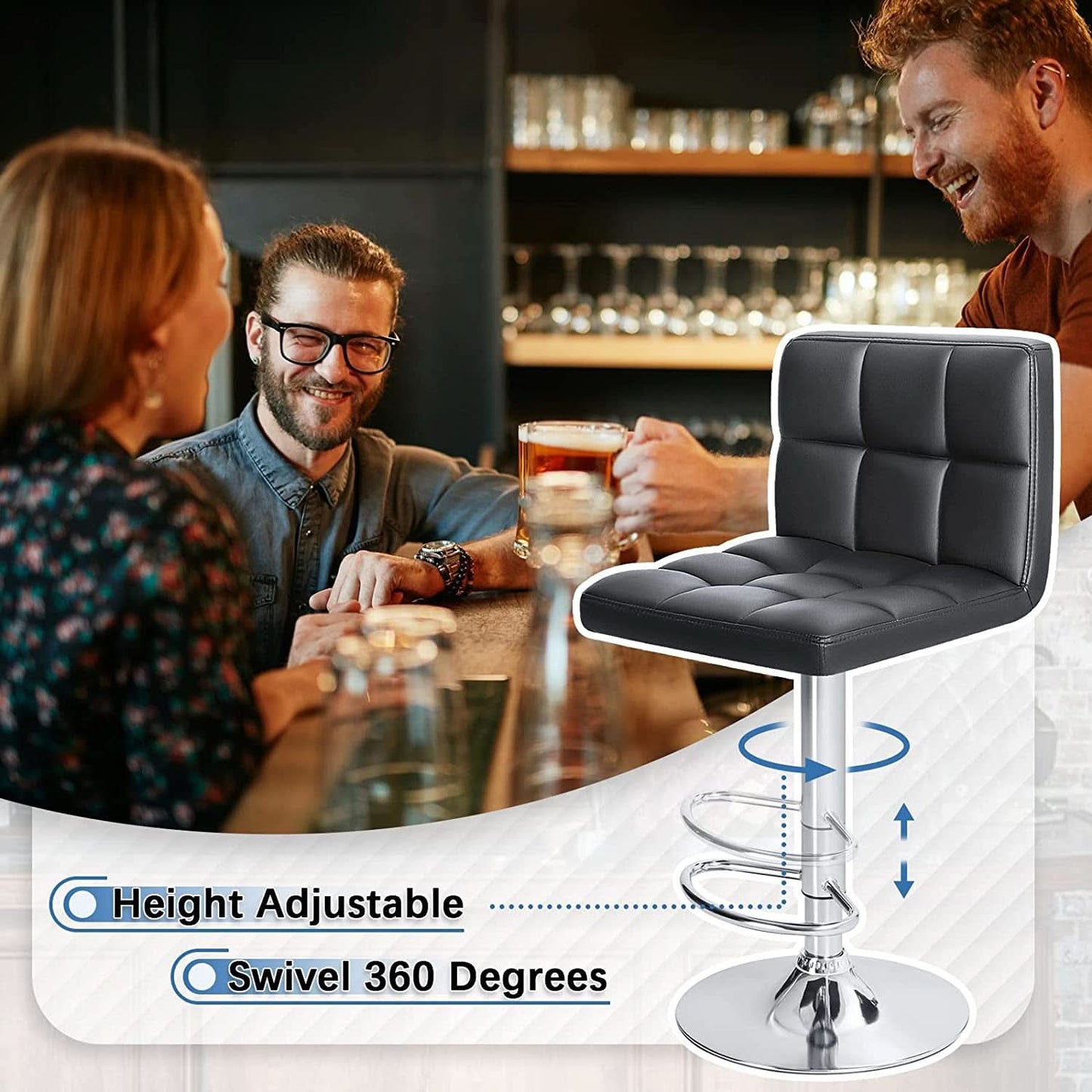 Black PU Leather Adjustable Swivel Bar Stools Set Of 2