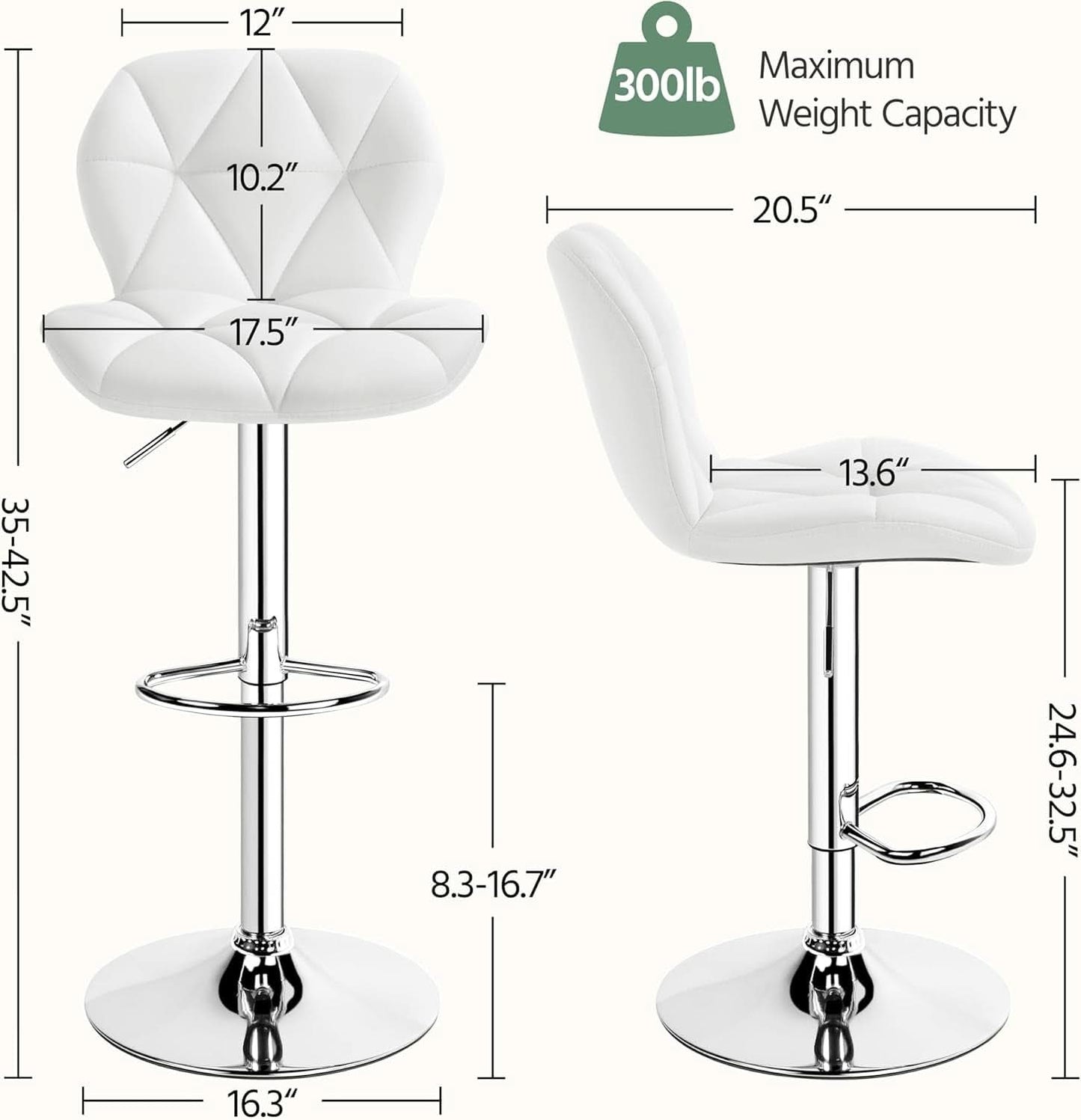 Pair Of White PU Leather Height Adjustable Bar Stools
