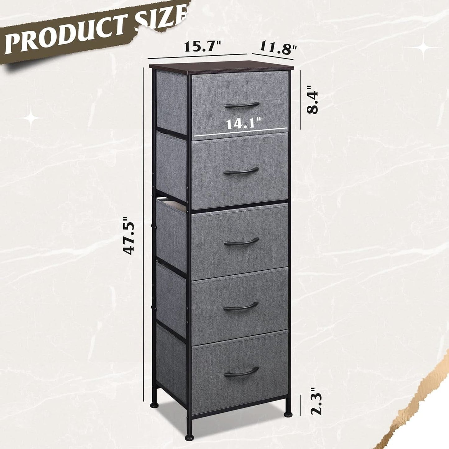 Dark Grey Fabric Dresser 5 Drawer Tall Storage Unit