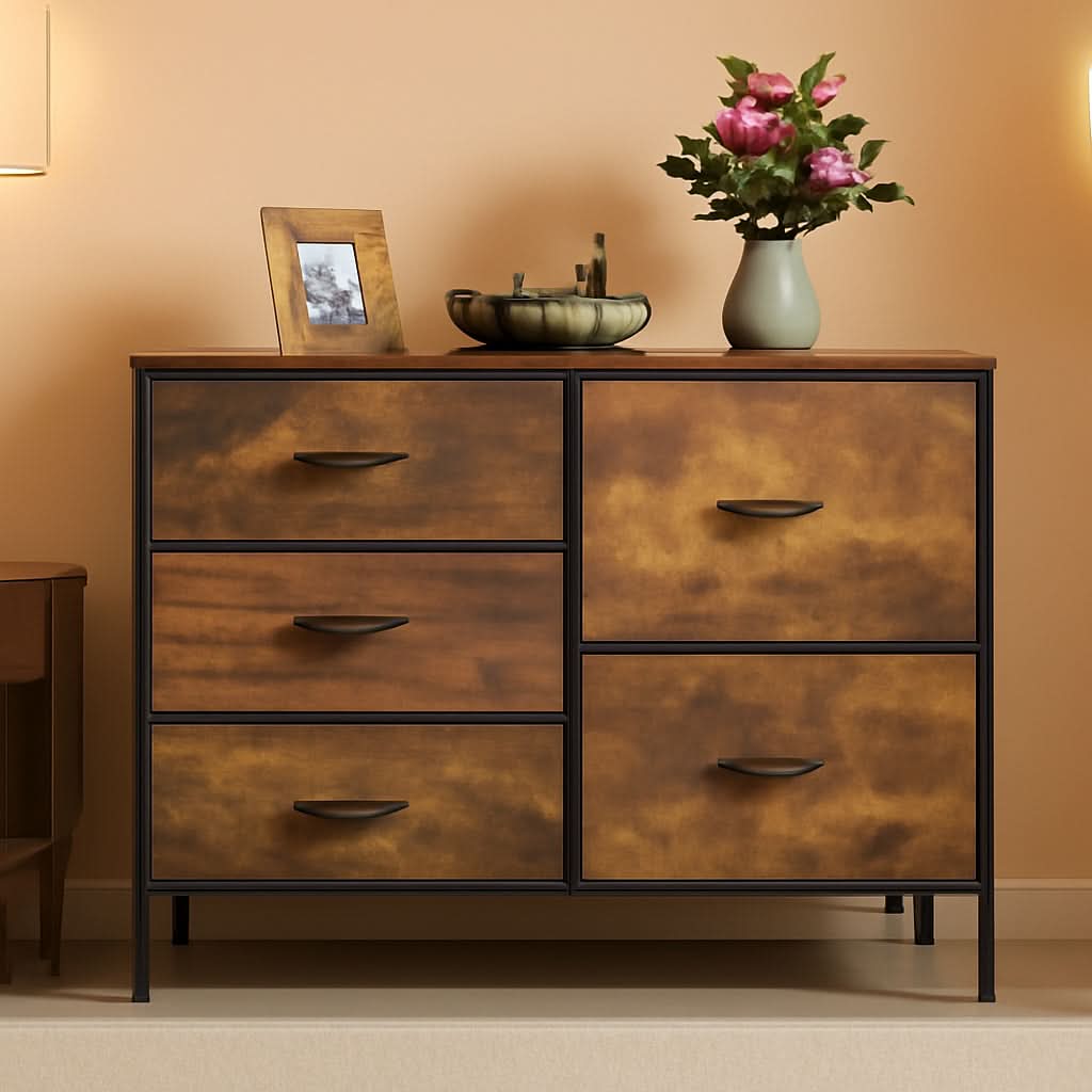 Rustic Brown Wood Grain 5 Drawer Dresser For Bedroom