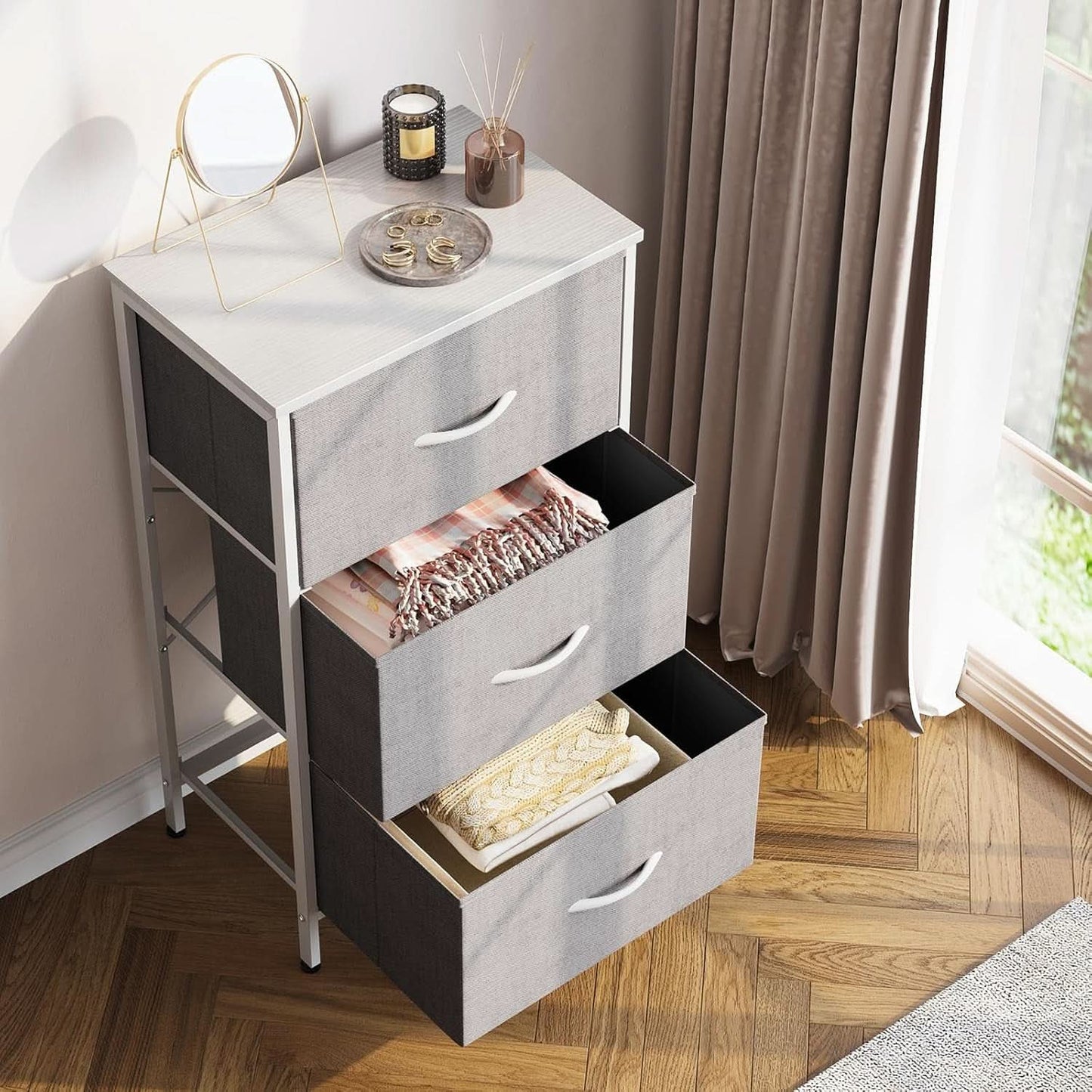 Light Grey Dresser With 3 Drawers For Bedroom Nightstand