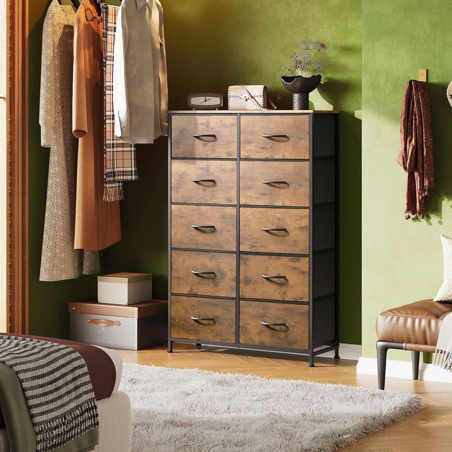Tall Dresser With 10 Fabric Drawers Brown Woodgrain