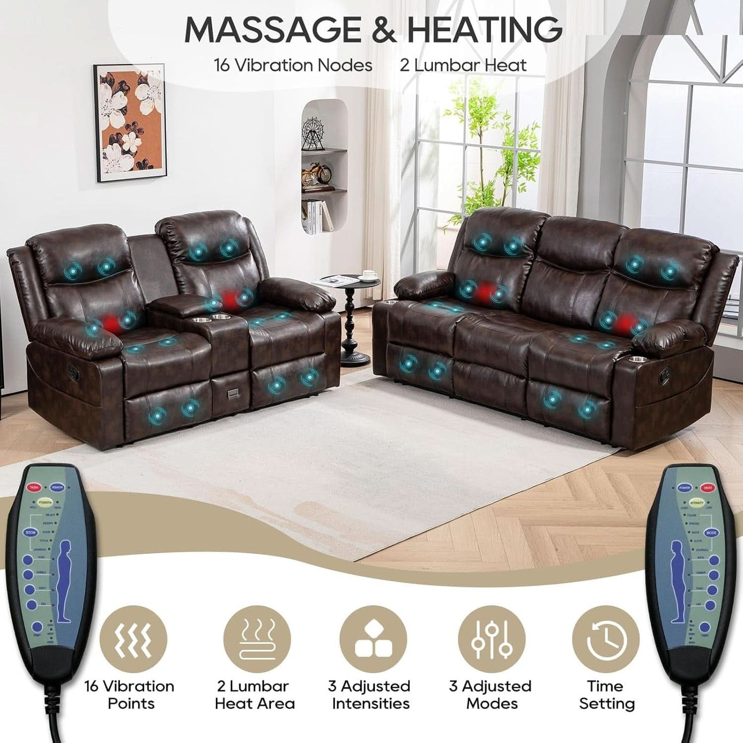 Brown Recliner Sofa Set With Massage And Heat 2 Piece