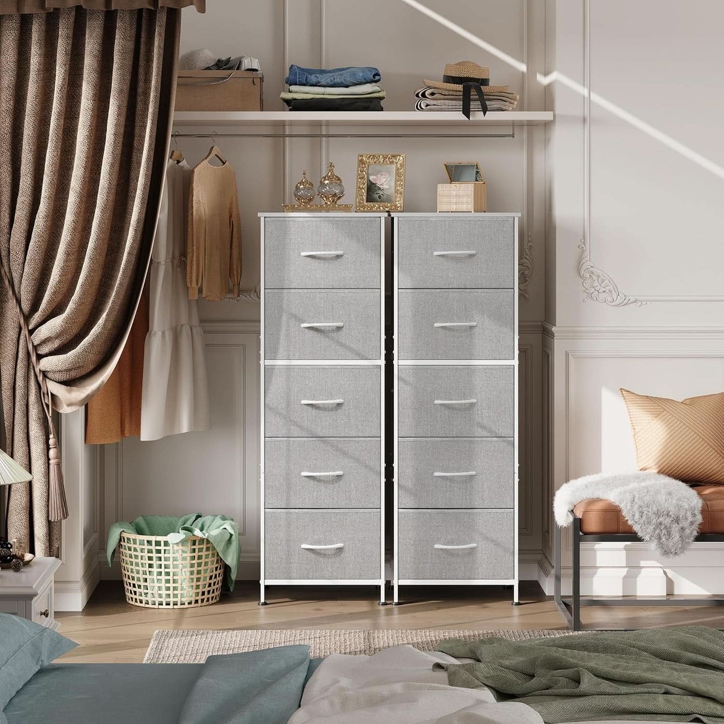 Light Grey Fabric Dresser 5 Drawer Organizer Storage Solution