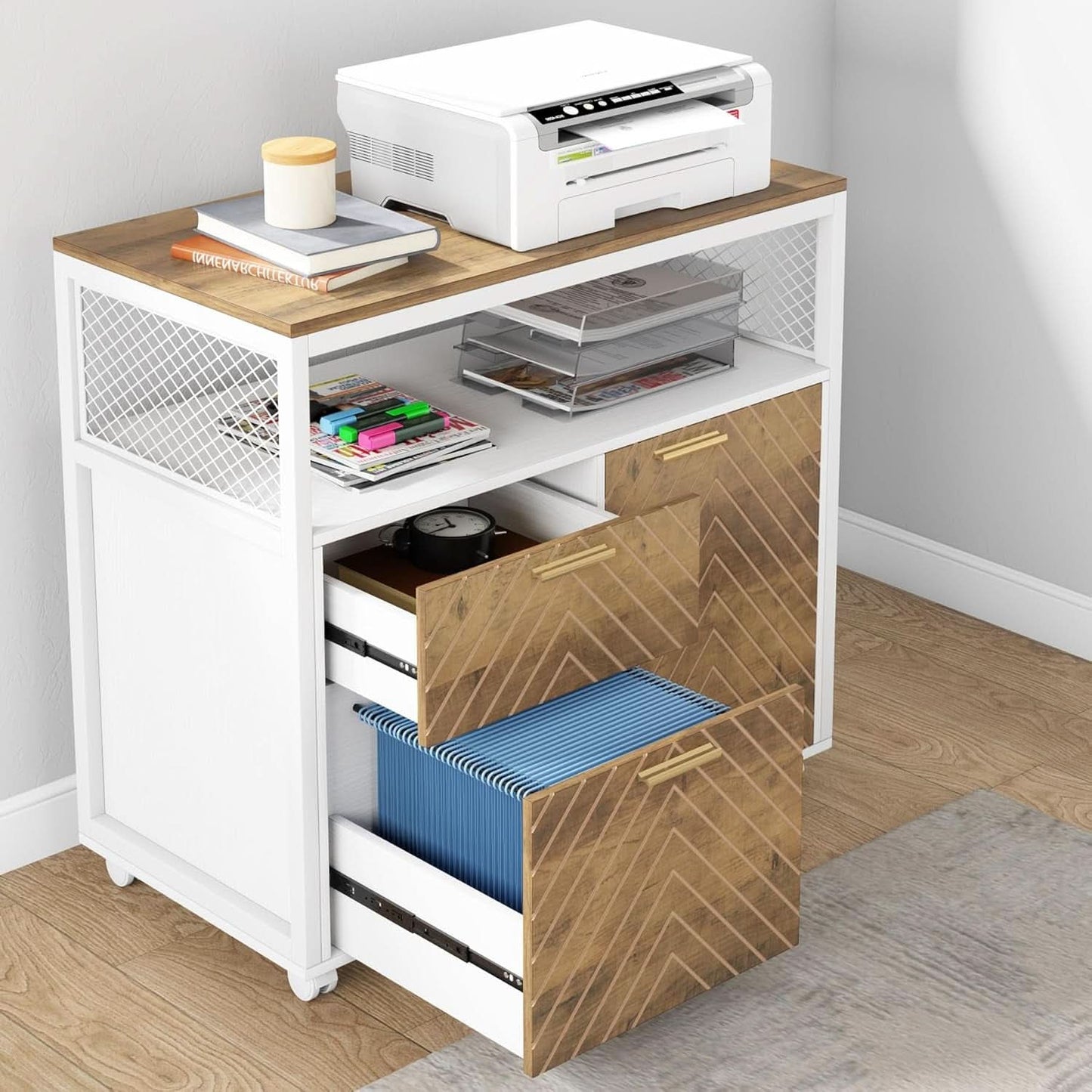 Modern File Cabinet With Drawers In Dark Walnut Casters