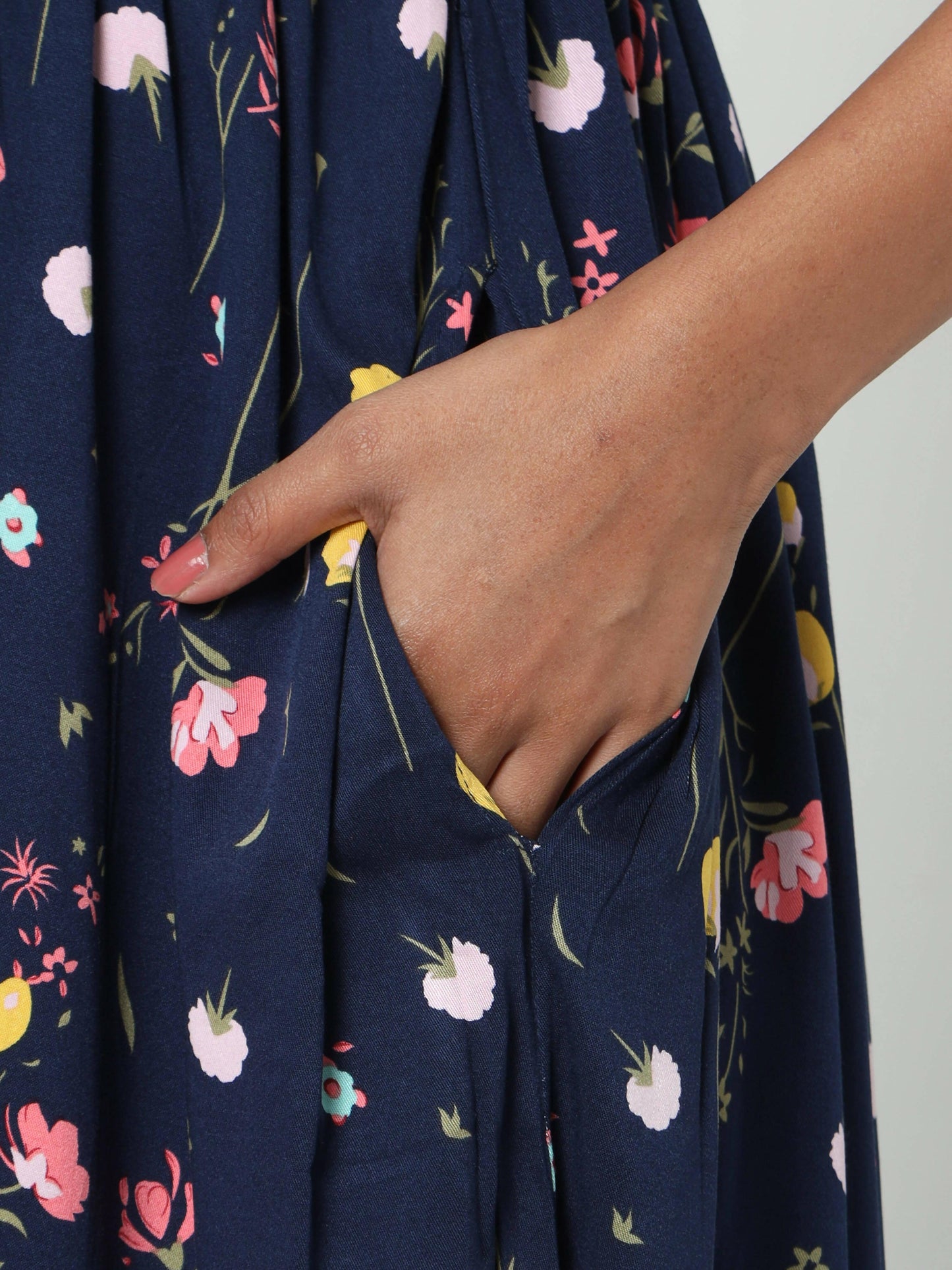 Manet Three Fourth Maternity Dress Floral Print With Concealed Zipper Nursing Access - Navy Blue