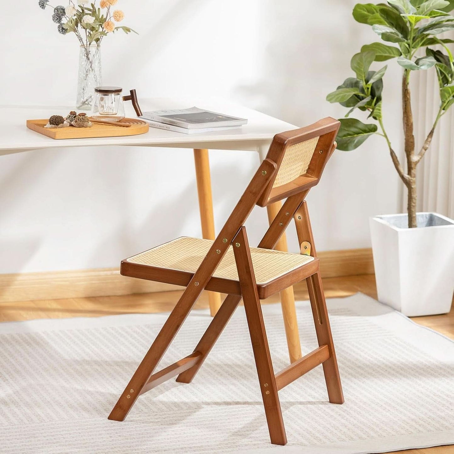 Rattan Folding Chair Walnut Finish Indoor Outdoor Dining
