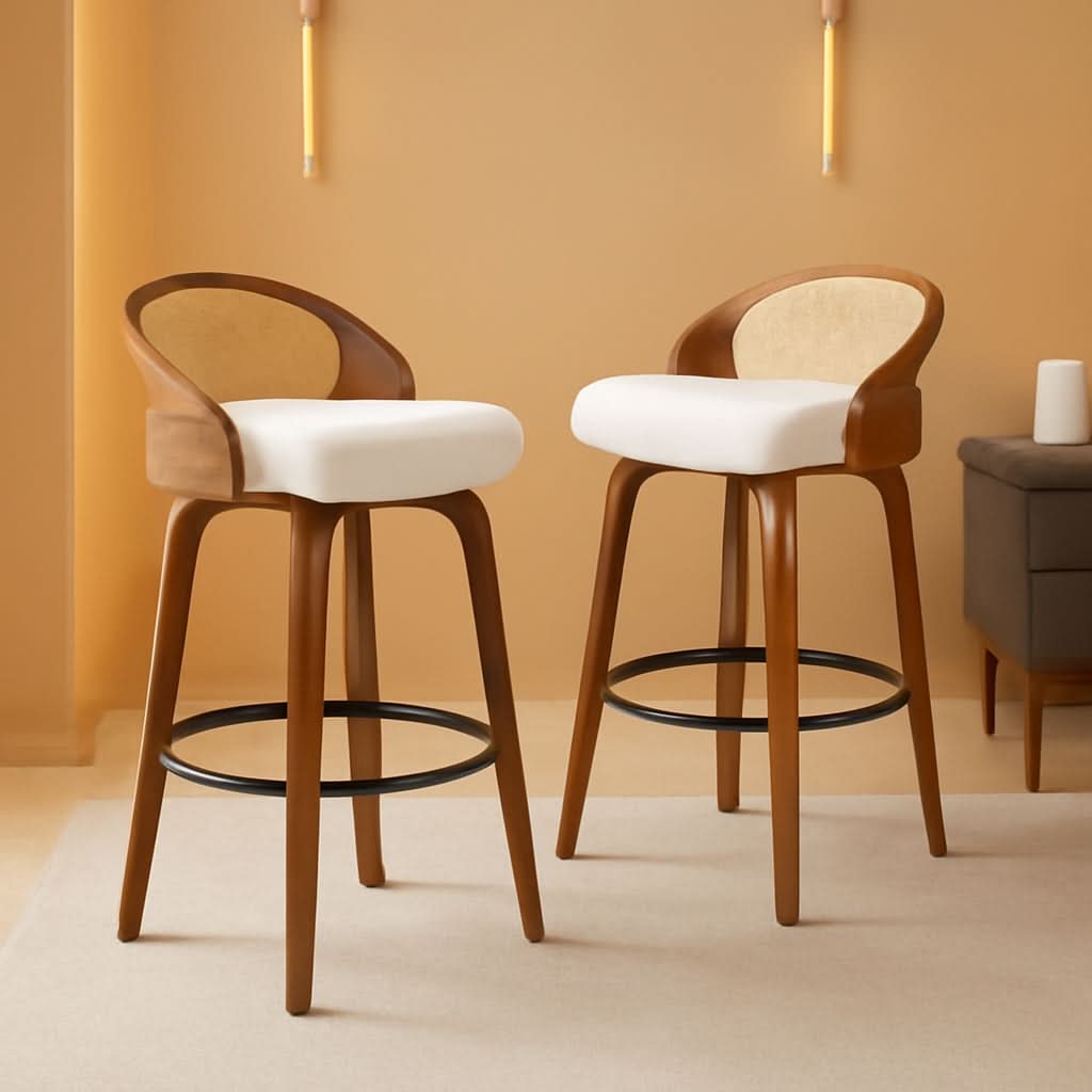 Set Of Two 25 Inch Beige Rattan Swivel Counter Stools With Linen Upholstery Mid Century Modern