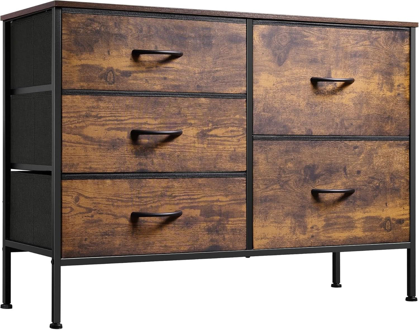 Rustic Brown Wood Grain 5 Drawer Dresser For Bedroom
