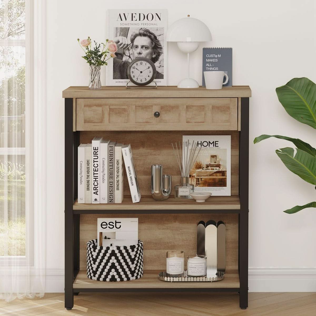 Rustic Oak 3 Tier Bookshelf With Drawer Industrial Wood And Metal Bookcase