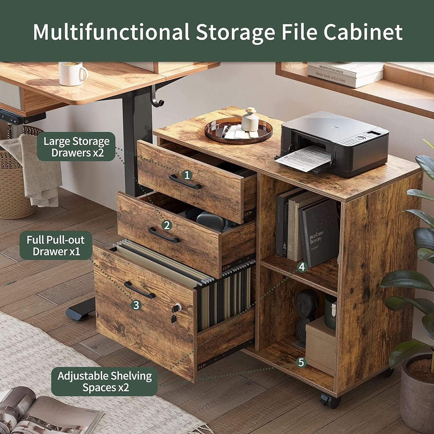 Electric Height Adjustable L Shaped Desk With File Cabinet