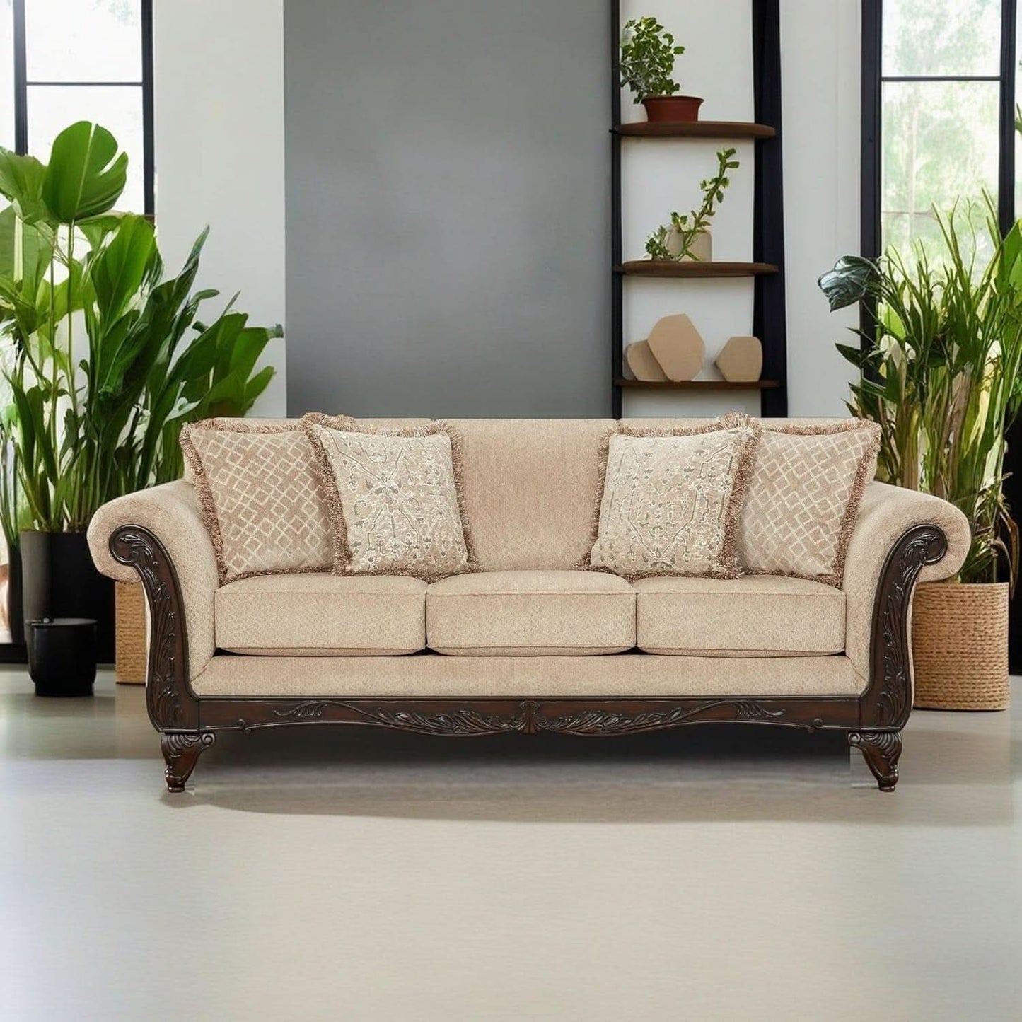 Hernen Carved Wood Frame 5Piece Living Room Set Beige Wheat
