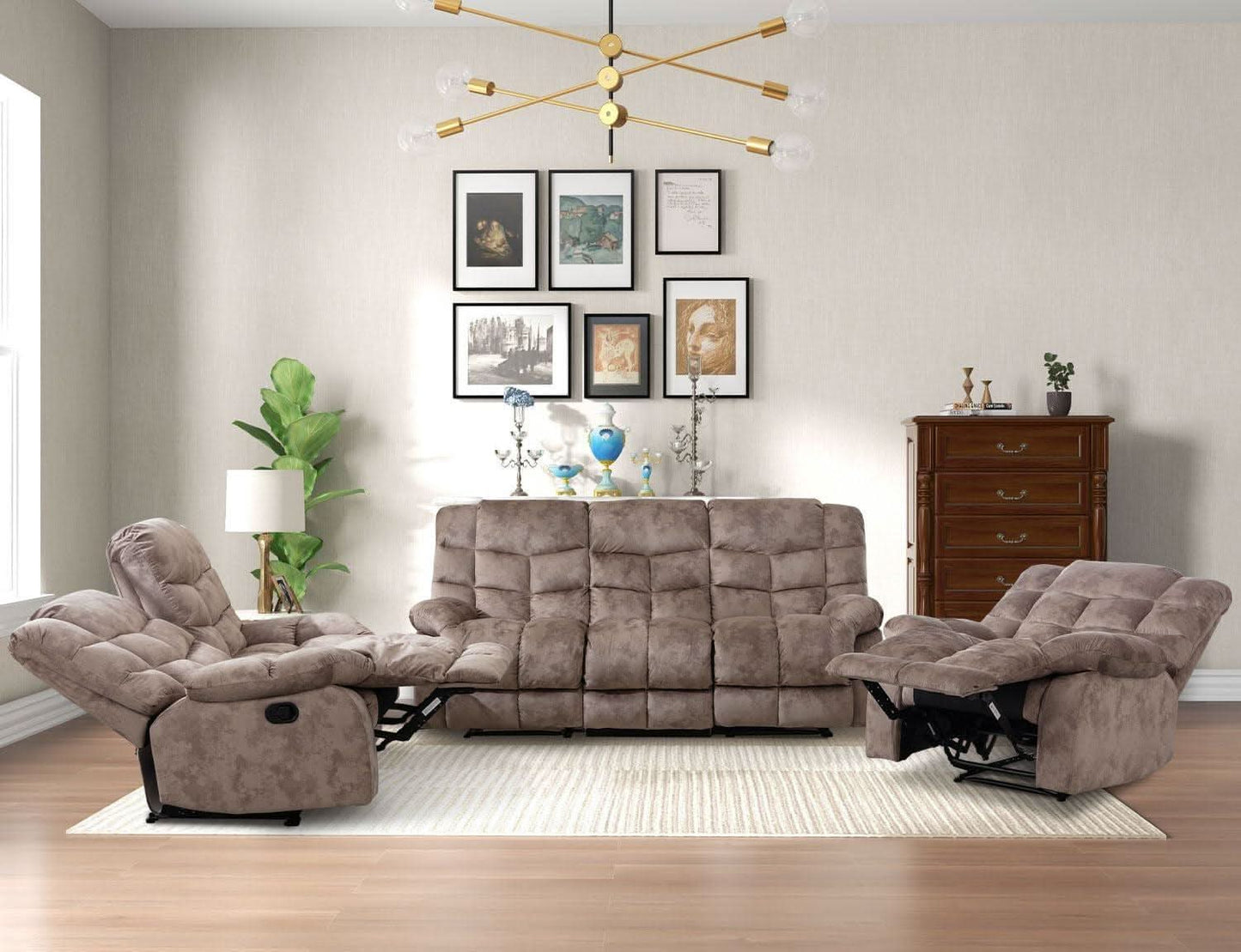 Manual Two Seat Loveseat Recliner Sofa Light Brown