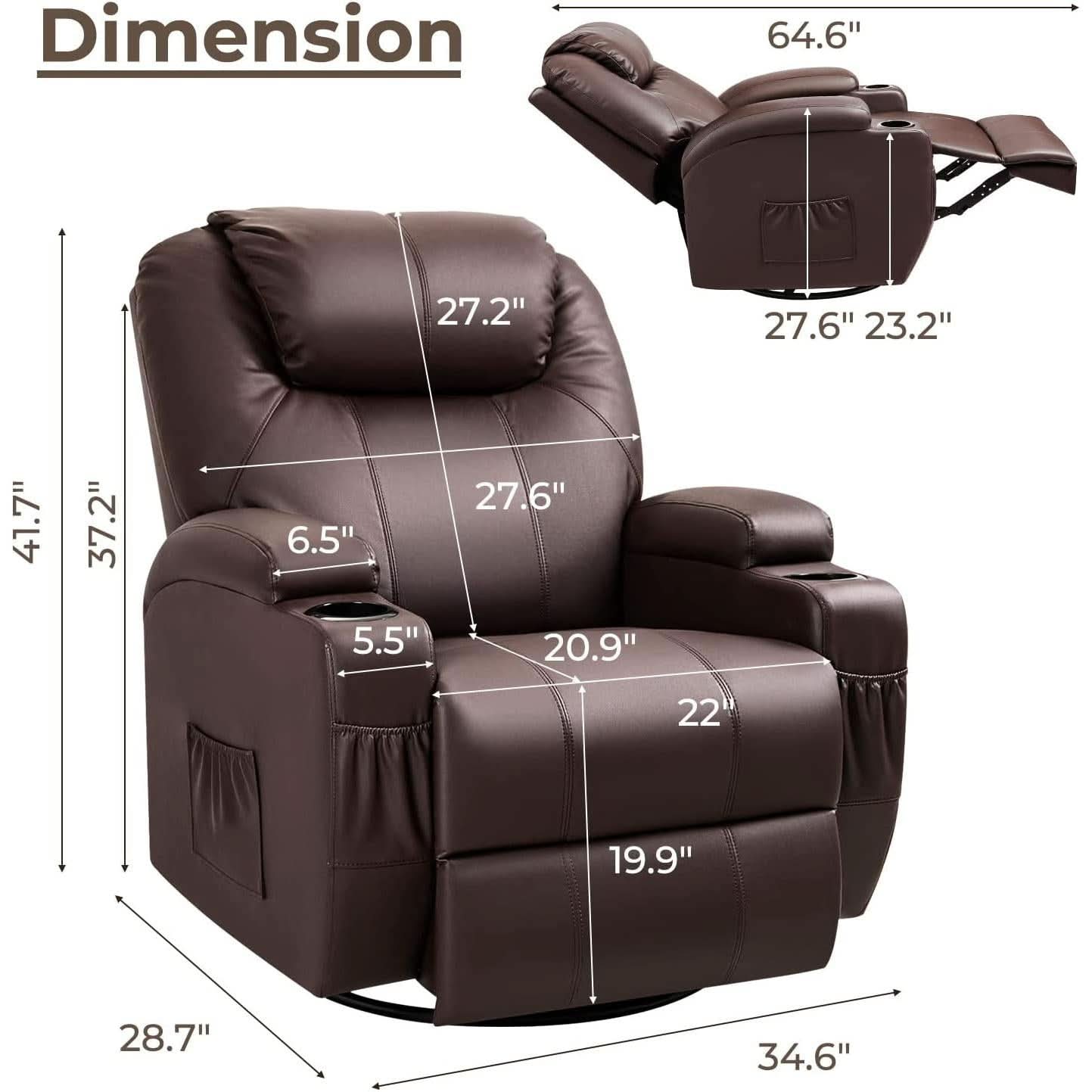 PU Leather Recliner Chair With Massage And Heat Brown
