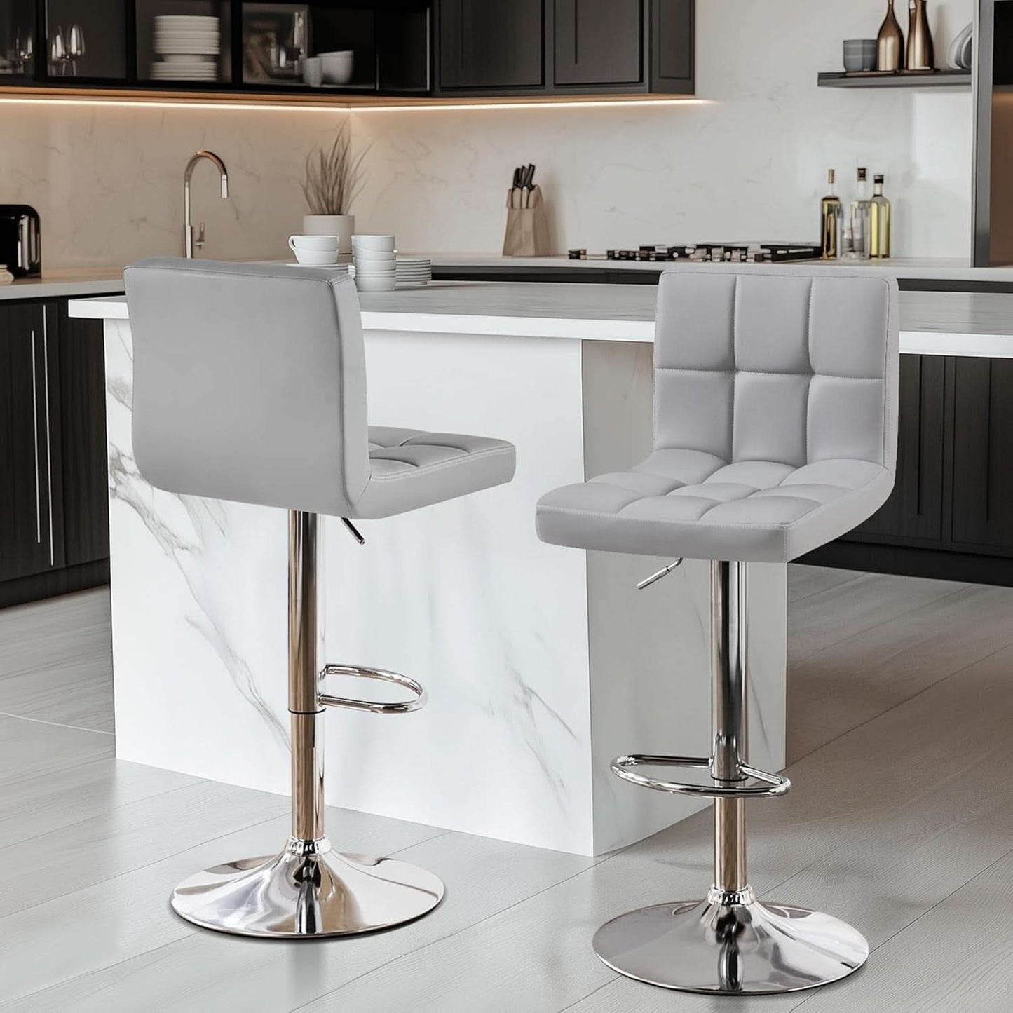 Bar Stools 2 Pack Adjustable Gray PU Leather Counter Height