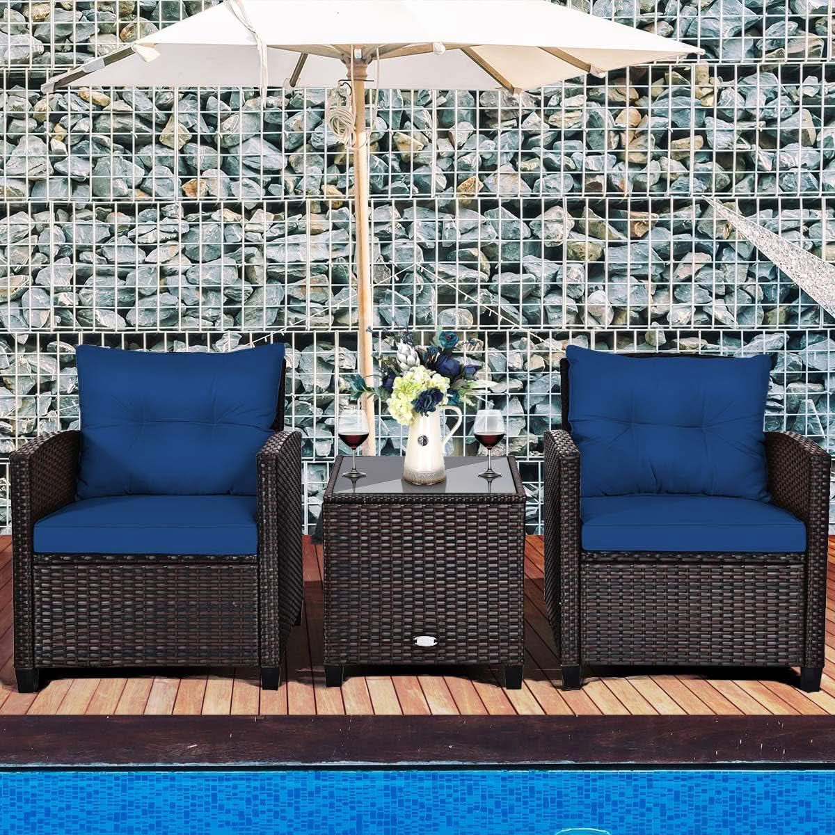 Three Piece Patio Furniture Set With Washable Cushions And Tempered Glass Tabletop Navy Blue