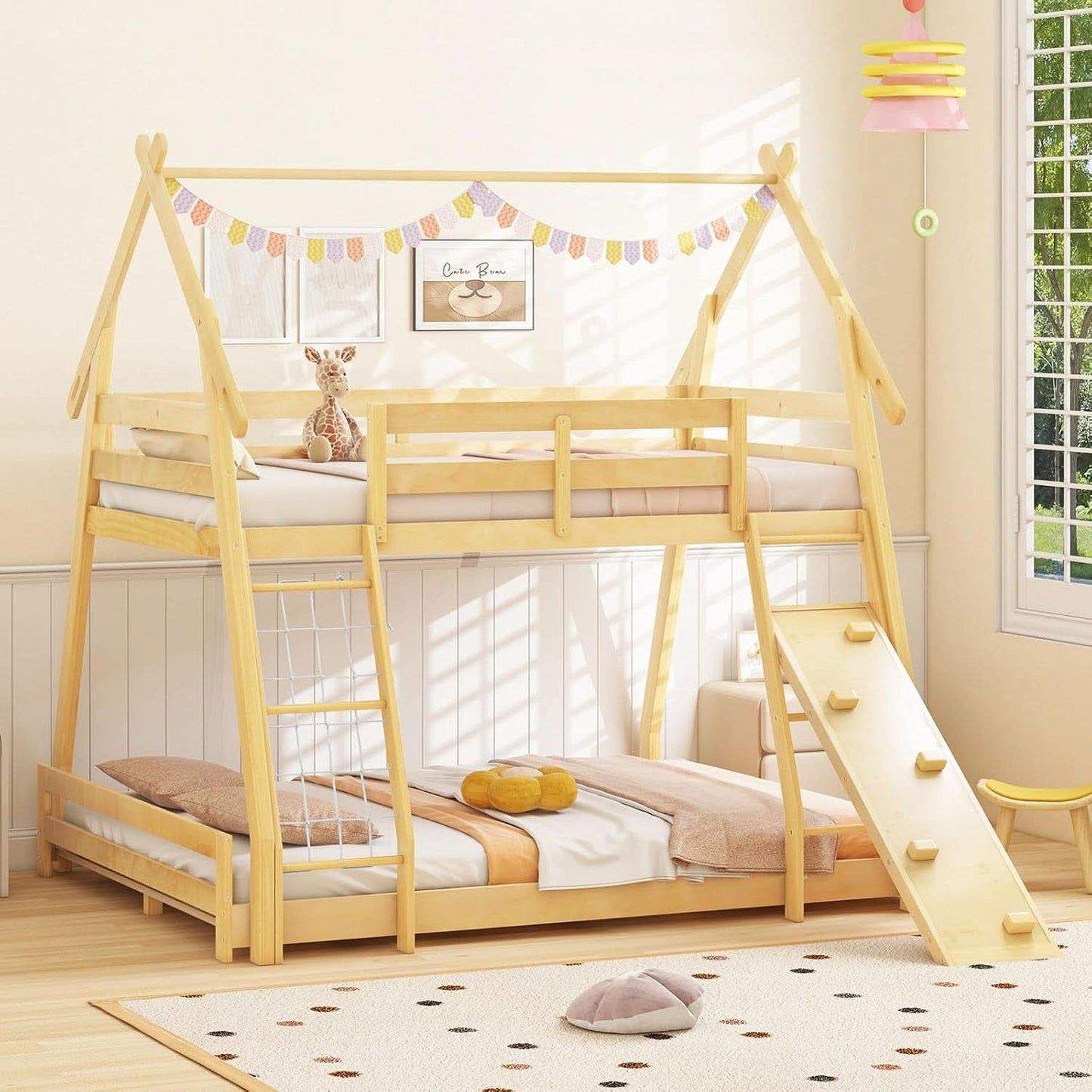 Twin Over Queen Bunk Bed With Climbing Nets Ramp Natural