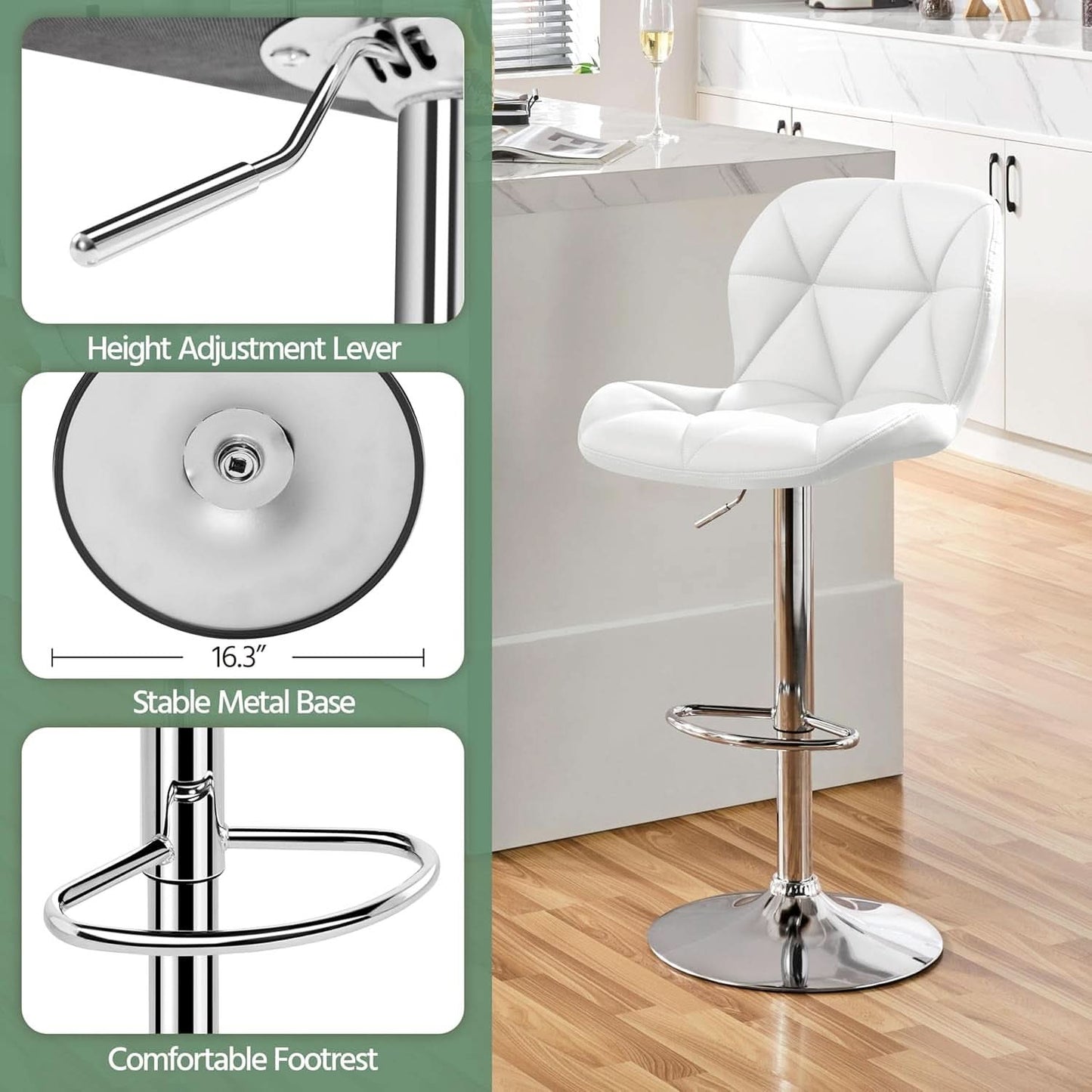 Pair Of White PU Leather Height Adjustable Bar Stools