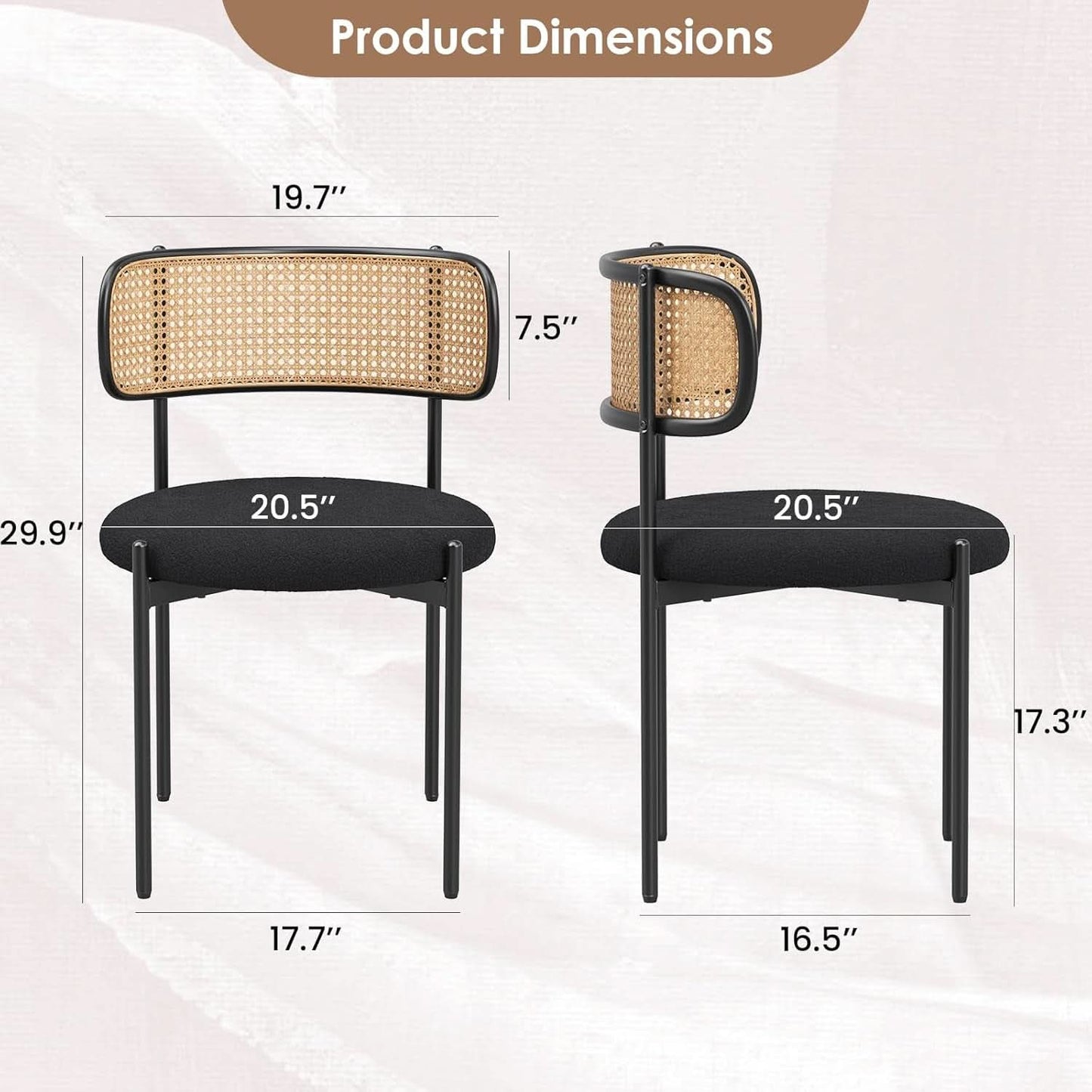 Set Of 4 Dining Chairs Mid Century Modern Rattan Back Upholstered Sherpa Black