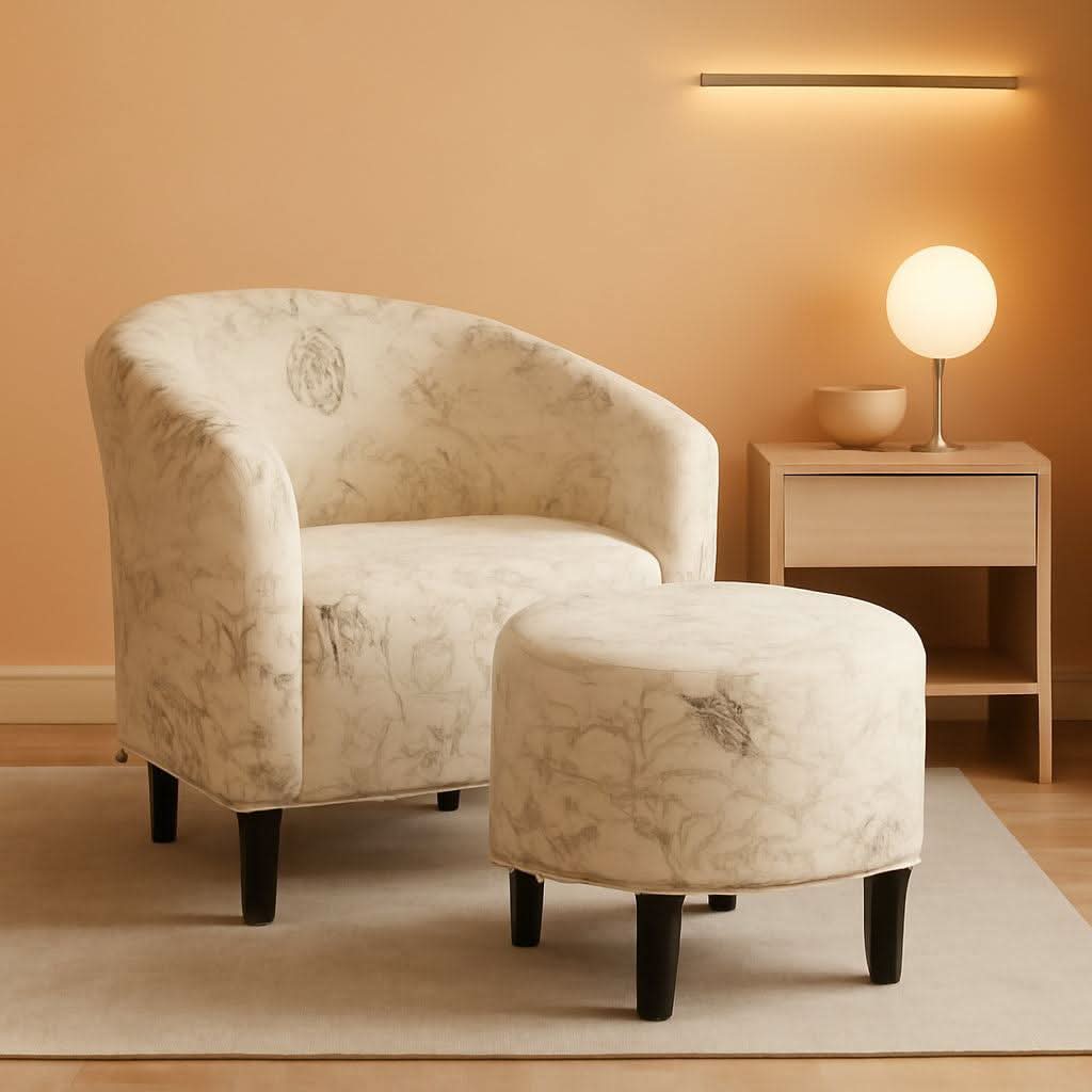 Upholstered Club Chair With Velvet Finish Ottoman Footstool
