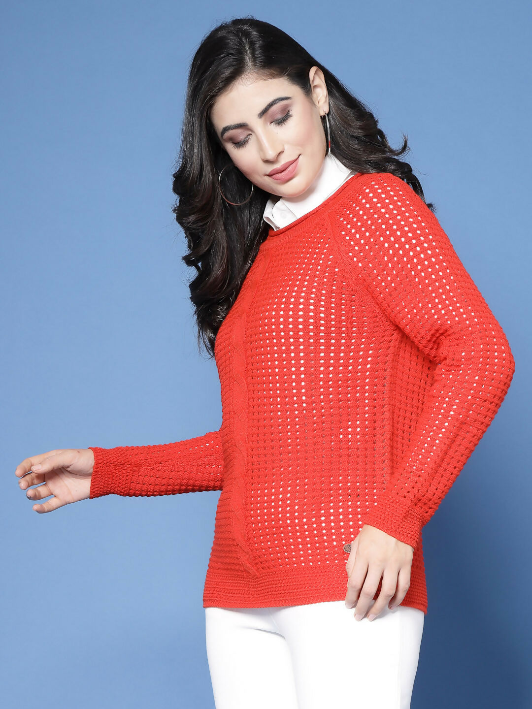 Women Pointelle Rust Acrylic Winter Sweater - Wool Trees