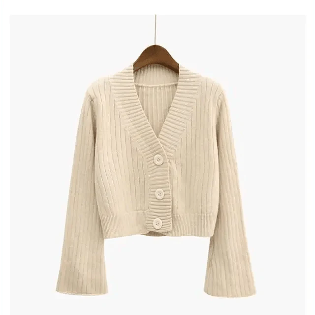 Elegance Cardigan Autumn Long Flare Sleeve Short Sweater Women Ribbed Knitted Cotton Tops Black White Ladies Soft Outwear Female