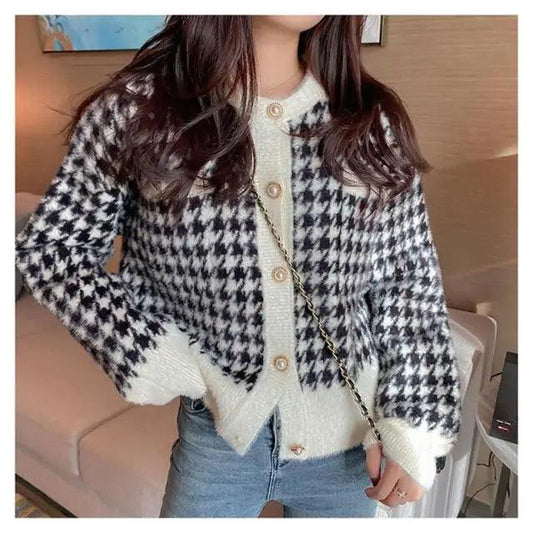 Elegance Short Sweater Cardigan Jacket For Women Modern Imitation Mink Fleece Knitwear Tops Vintage O-neck Knitted Coats