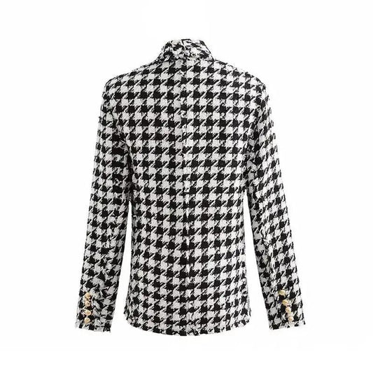 Elegance Women Tweed Jackets Fashionable Office Ladies Black Tassel Houndstooth Coats Female Autumn Vintage Thick Plaid Coat Girls Chic