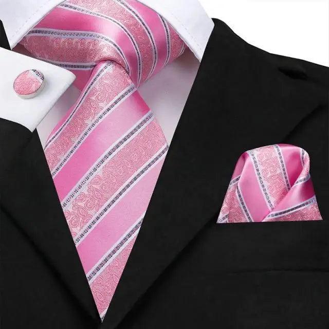 Elegant Pink Silk Necktie Pocket Square Cufflinks Set