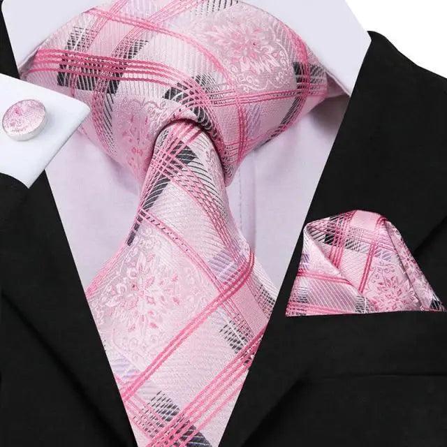 Elegant Pink Silk Necktie Pocket Square Cufflinks Set