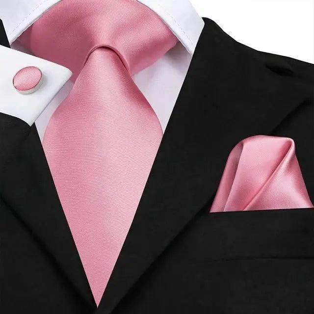 Elegant Pink Silk Necktie Pocket Square Cufflinks Set