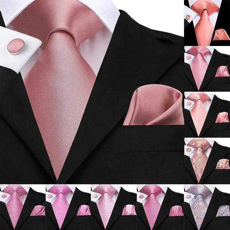 Elegant Pink Silk Necktie Pocket Square Cufflinks Set