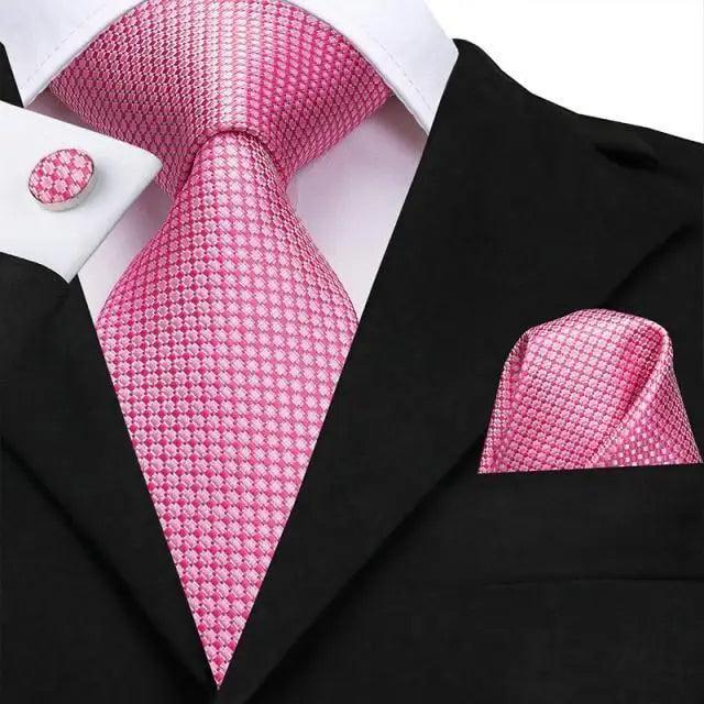 Elegant Pink Silk Necktie Pocket Square Cufflinks Set