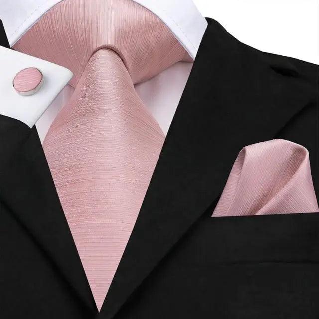 Elegant Pink Silk Necktie Pocket Square Cufflinks Set