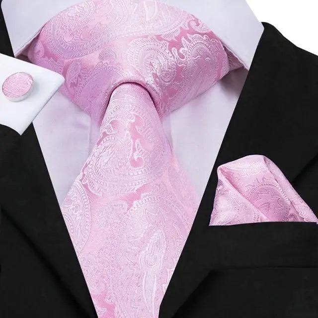 Elegant Pink Silk Necktie Pocket Square Cufflinks Set