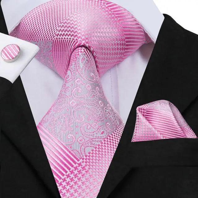 Elegant Pink Silk Necktie Pocket Square Cufflinks Set