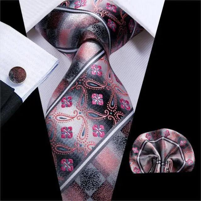 Elegant Pink Silk Necktie Pocket Square Cufflinks Set