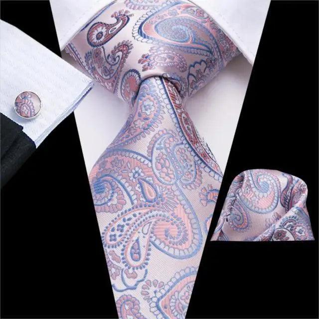 Elegant Pink Silk Necktie Pocket Square Cufflinks Set