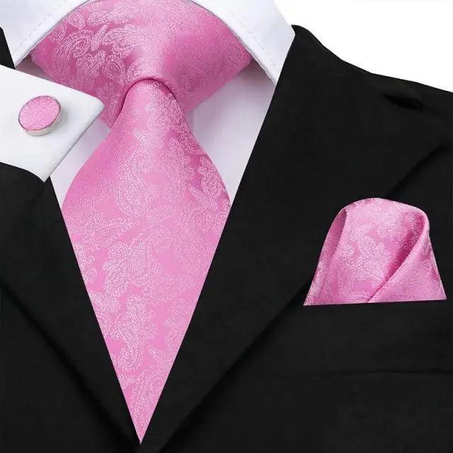 Elegant Pink Silk Necktie Pocket Square Cufflinks Set