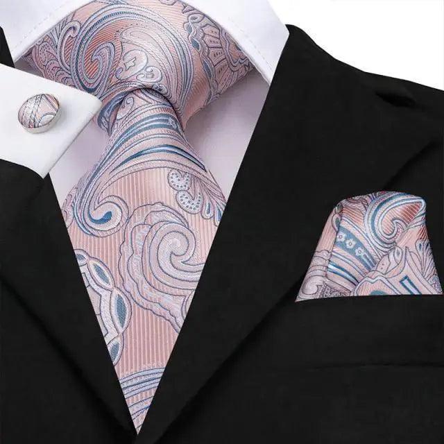 Elegant Pink Silk Necktie Pocket Square Cufflinks Set