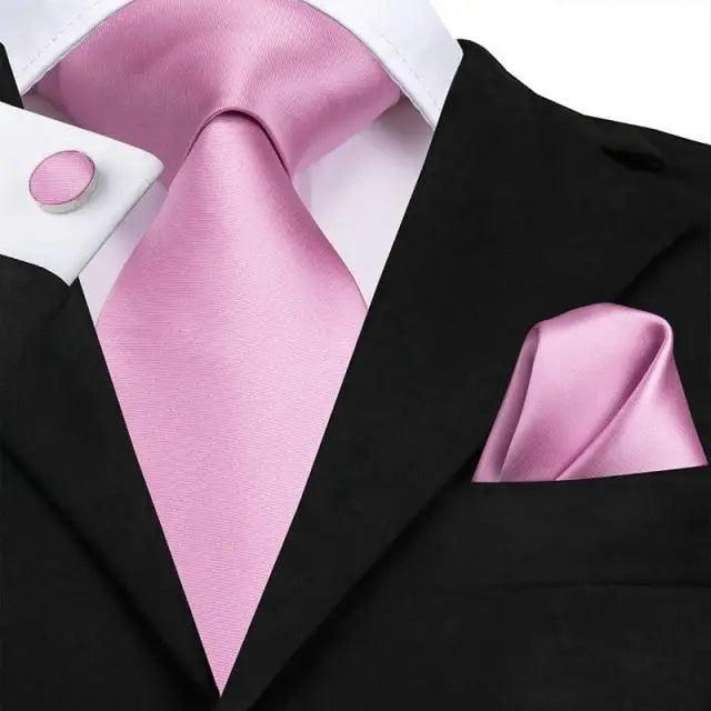 Elegant Pink Silk Necktie Pocket Square Cufflinks Set