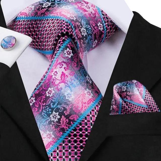 Elegant Pink Silk Necktie Pocket Square Cufflinks Set